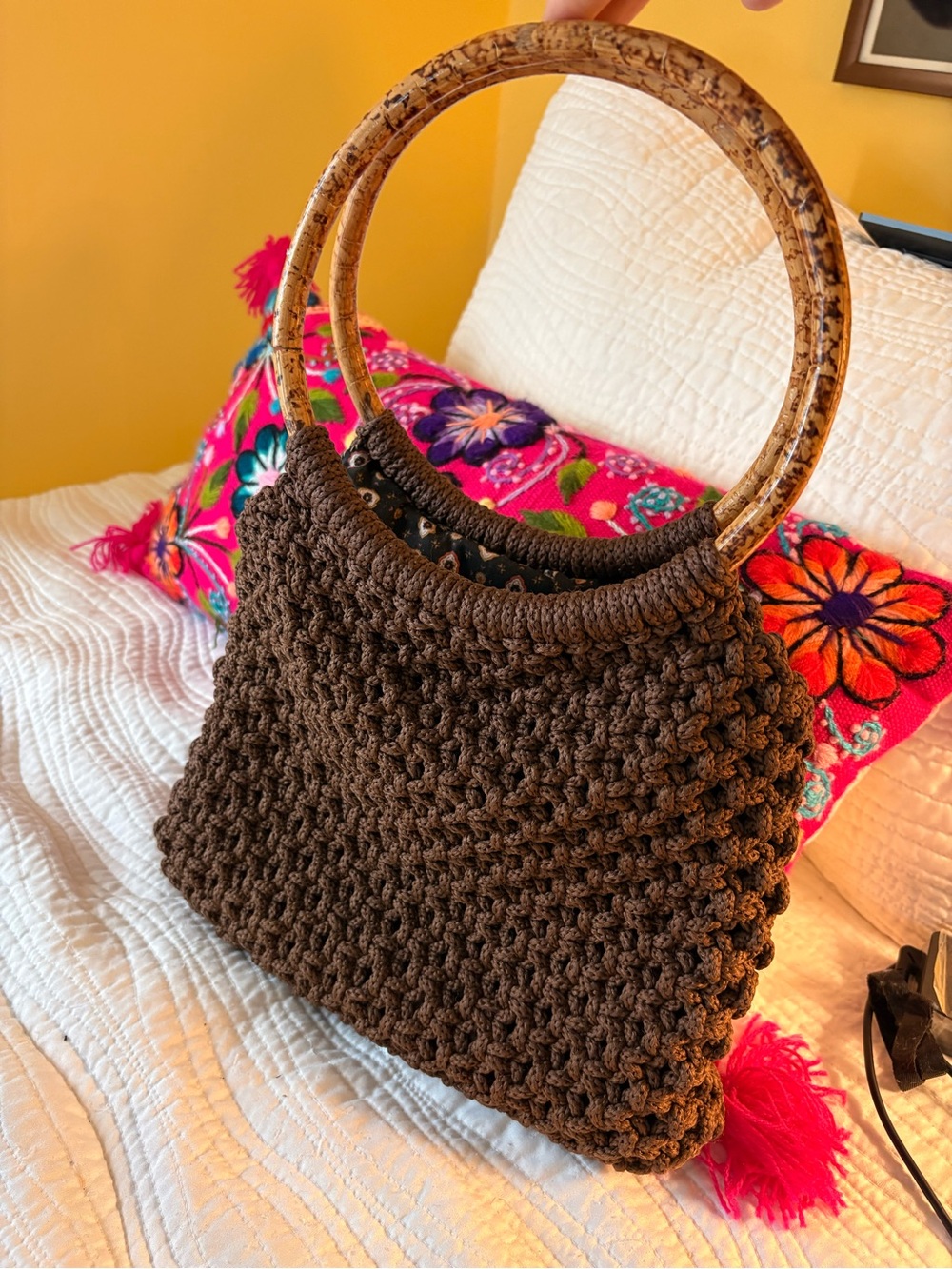 Handcrafted Brown Crochet Tote with Bamboo Ring Handles